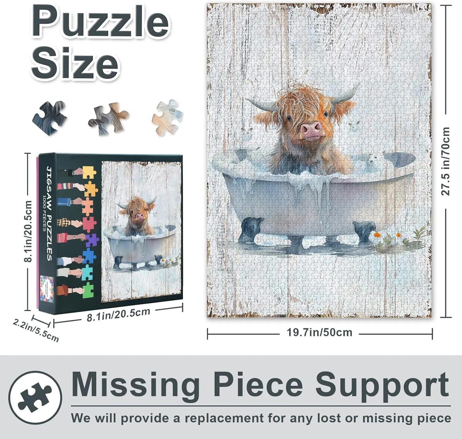 1000 Piece Puzzle for Adults - Highland Cow Jigsaw Puzzles with Vibrant Art, Longhorn Cow Bathtub for Puzzle Enthusiasts, Family Bonding & Stress Relief 27.5"x19.6"