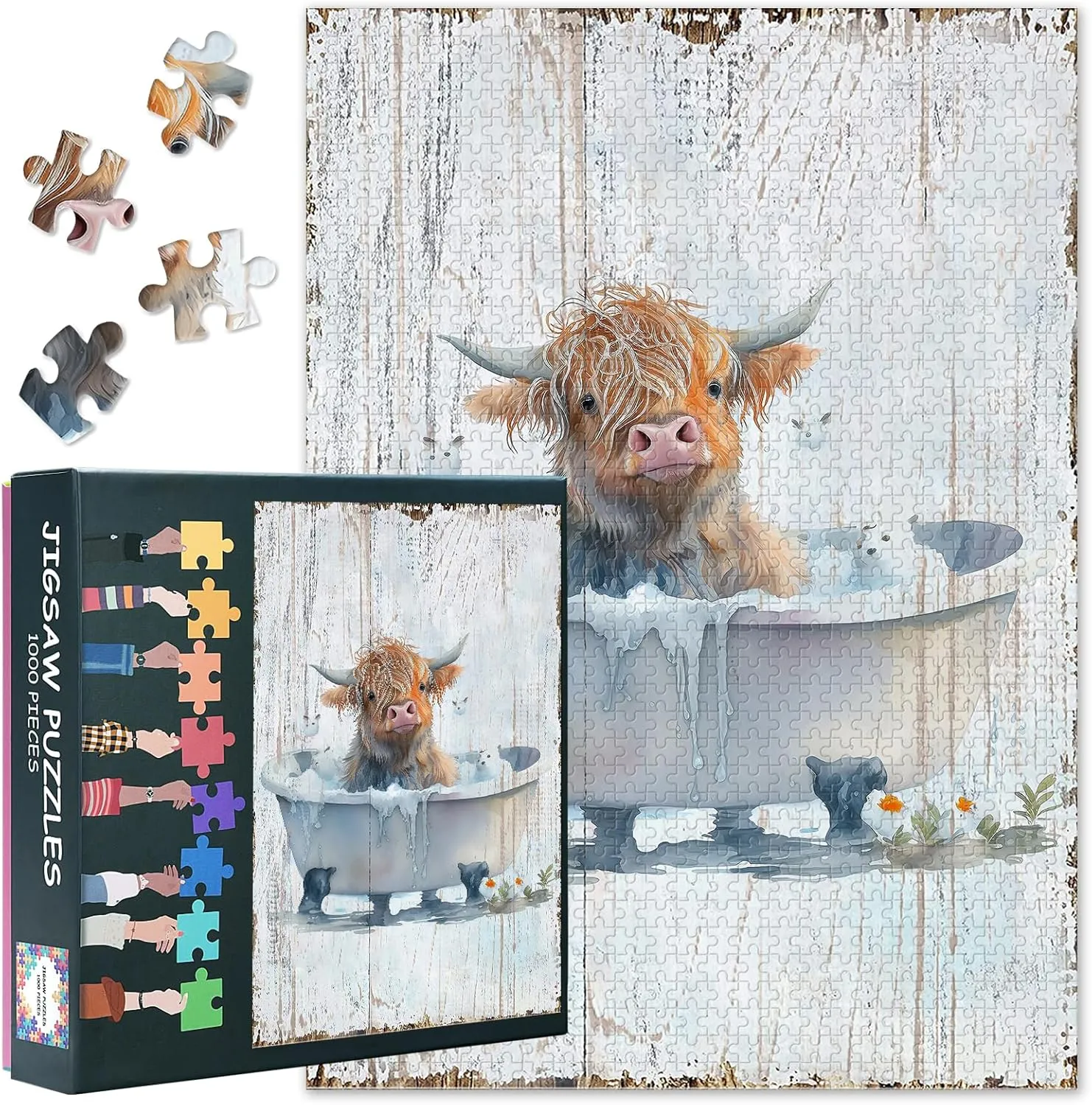 1000 Piece Puzzle for Adults - Highland Cow Jigsaw Puzzles with Vibrant Art, Longhorn Cow Bathtub for Puzzle Enthusiasts, Family Bonding & Stress Relief 27.5"x19.6"