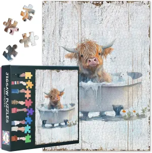 1000 Piece Puzzle for Adults - Highland Cow Jigsaw Puzzles with Vibrant Art, Longhorn Cow Bathtub for Puzzle Enthusiasts, Family Bonding & Stress Relief 27.5"x19.6"