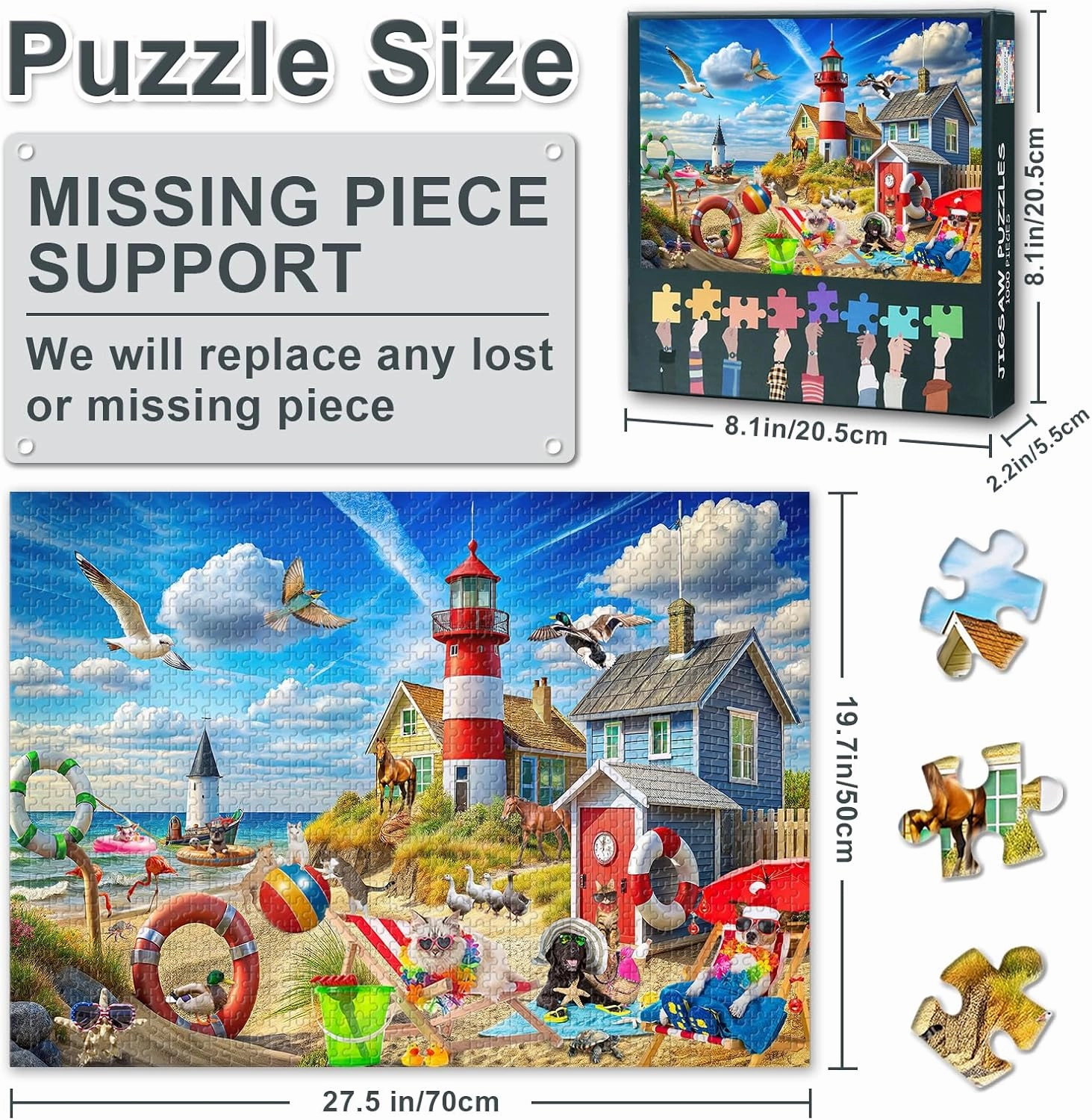 1000 Piece Puzzles for Adults, Beach Animals Jigsaw Puzzles 1000 Pieces, Cats and Dogs Jigsaw Puzzles,Panoramic Seascape Lighthouses, and Ocean Funny Puzzles, Gift for Family Friends, 27.5" x 19.6