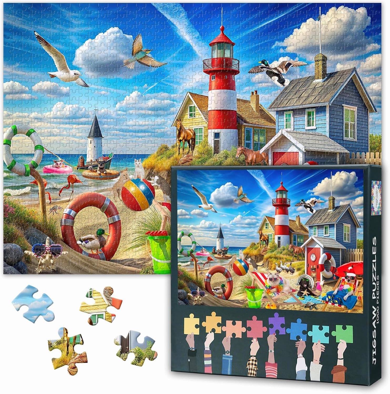 1000 Piece Puzzles for Adults, Beach Animals Jigsaw Puzzles 1000 Pieces, Cats and Dogs Jigsaw Puzzles,Panoramic Seascape Lighthouses, and Ocean Funny Puzzles, Gift for Family Friends, 27.5" x 19.6