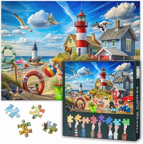 1000 Piece Puzzles for Adults, Beach Animals Jigsaw Puzzles 1000 Pieces, Cats and Dogs Jigsaw Puzzles,Panoramic Seascape Lighthouses, and Ocean Funny Puzzles, Gift for Family Friends, 27.5" x 19.6