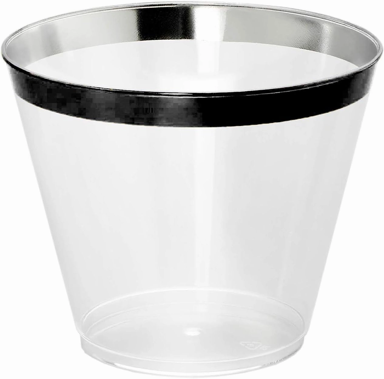 100 Black Rimmed Plastic Cups and 1 Silver Ice Tong Set - 9 Ounce Disposable Cocktail Glasses - Plastic Wine Cups - Black Party Decorations - Wedding Party Supplies
