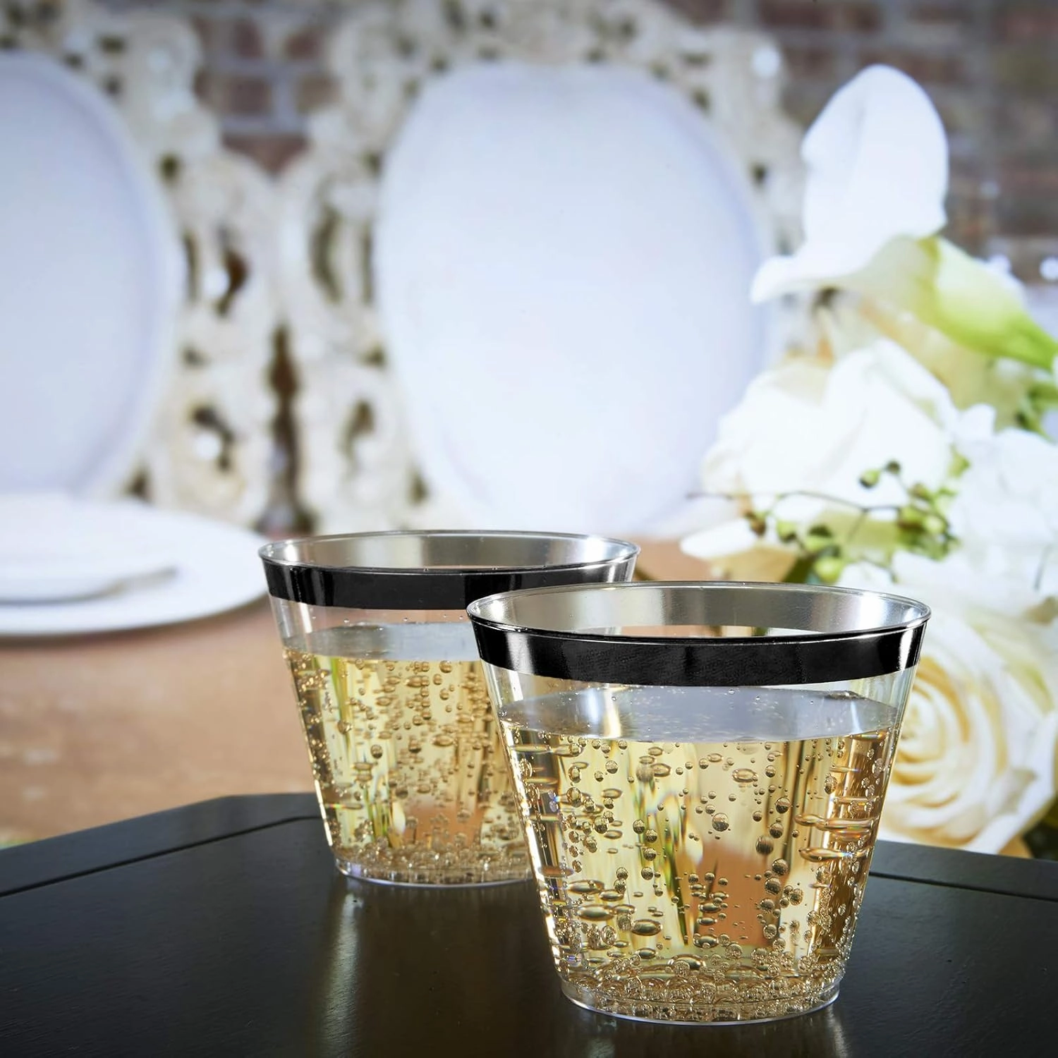 100 Black Rimmed Plastic Cups and 1 Silver Ice Tong Set - 9 Ounce Disposable Cocktail Glasses - Plastic Wine Cups - Black Party Decorations - Wedding Party Supplies