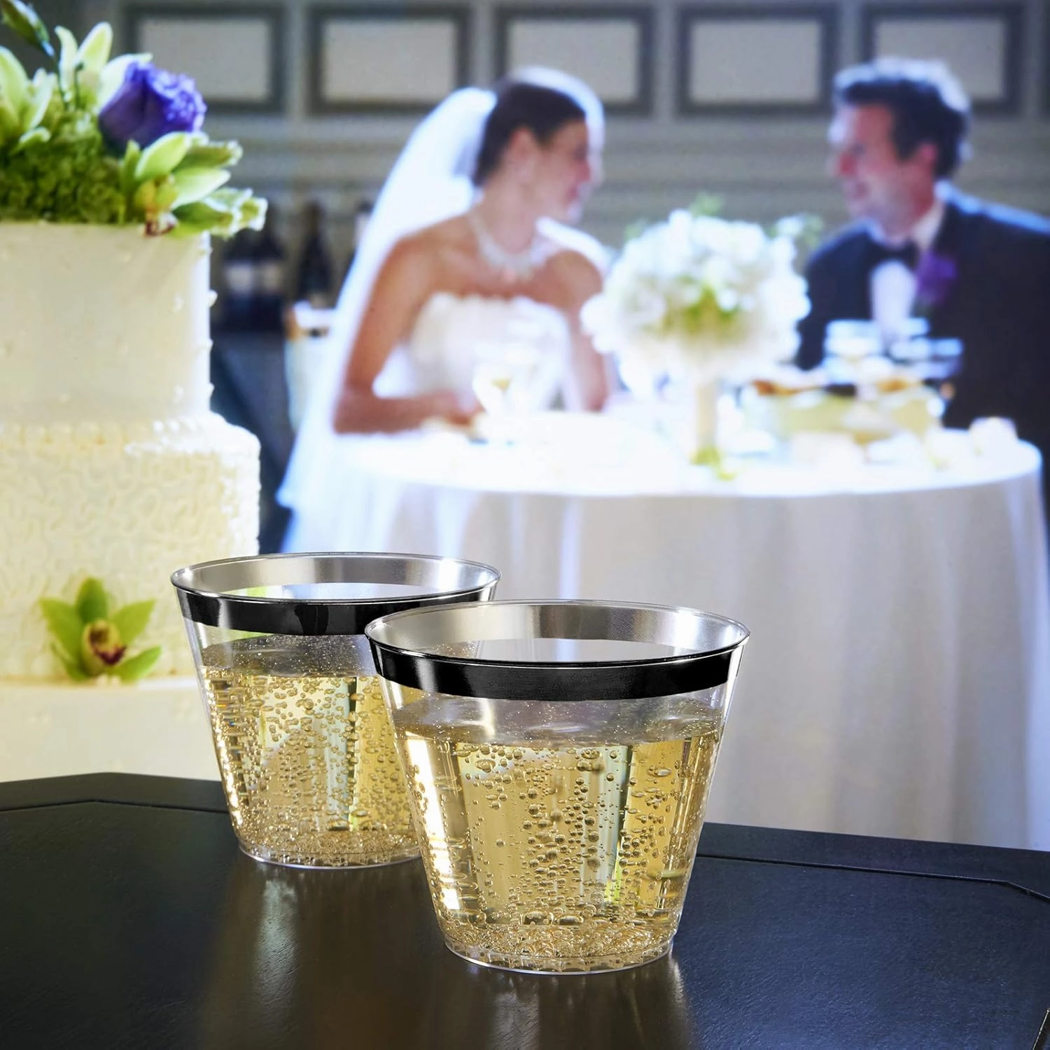 100 Black Rimmed Plastic Cups and 1 Silver Ice Tong Set - 9 Ounce Disposable Cocktail Glasses - Plastic Wine Cups - Black Party Decorations - Wedding Party Supplies