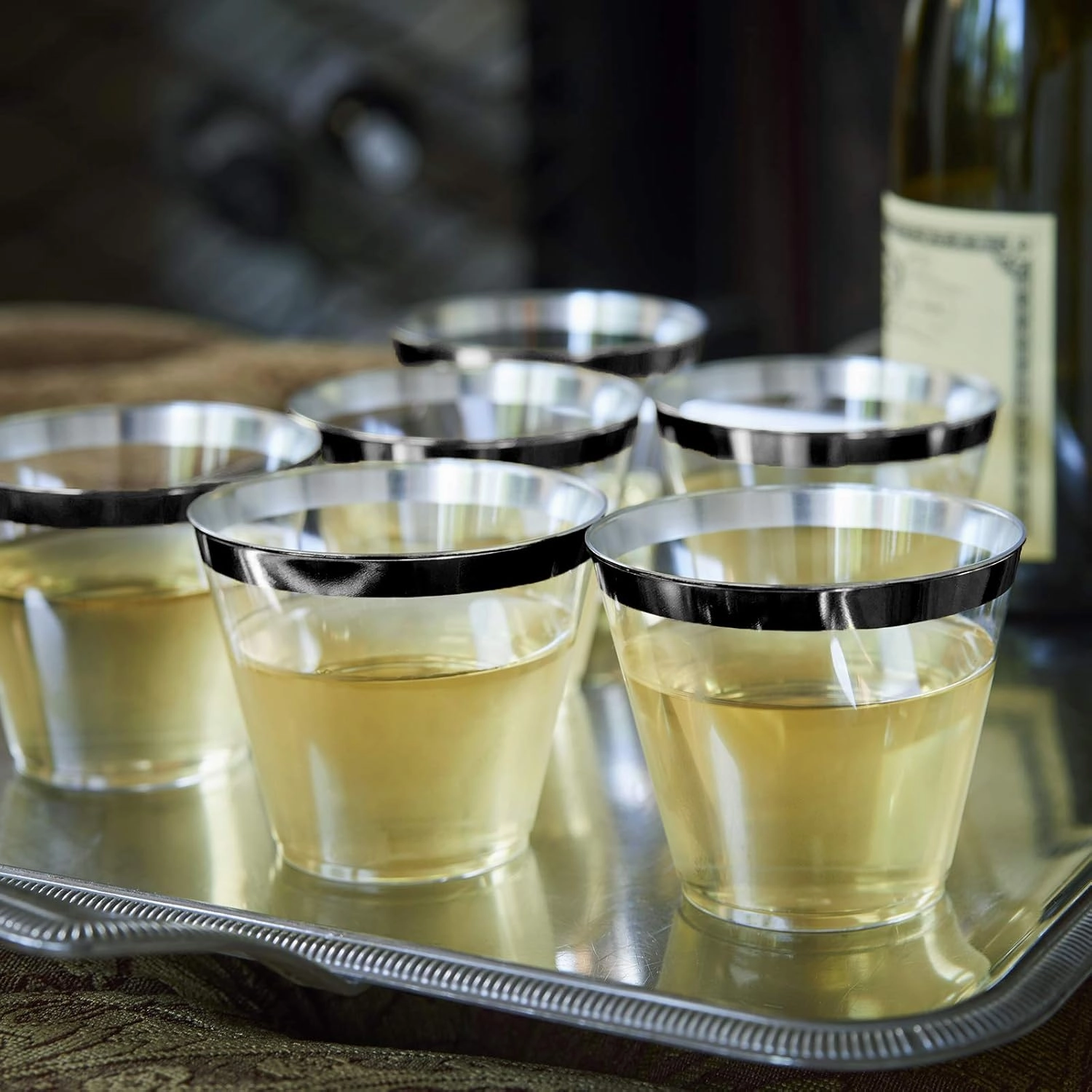 100 Black Rimmed Plastic Cups and 1 Silver Ice Tong Set - 9 Ounce Disposable Cocktail Glasses - Plastic Wine Cups - Black Party Decorations - Wedding Party Supplies