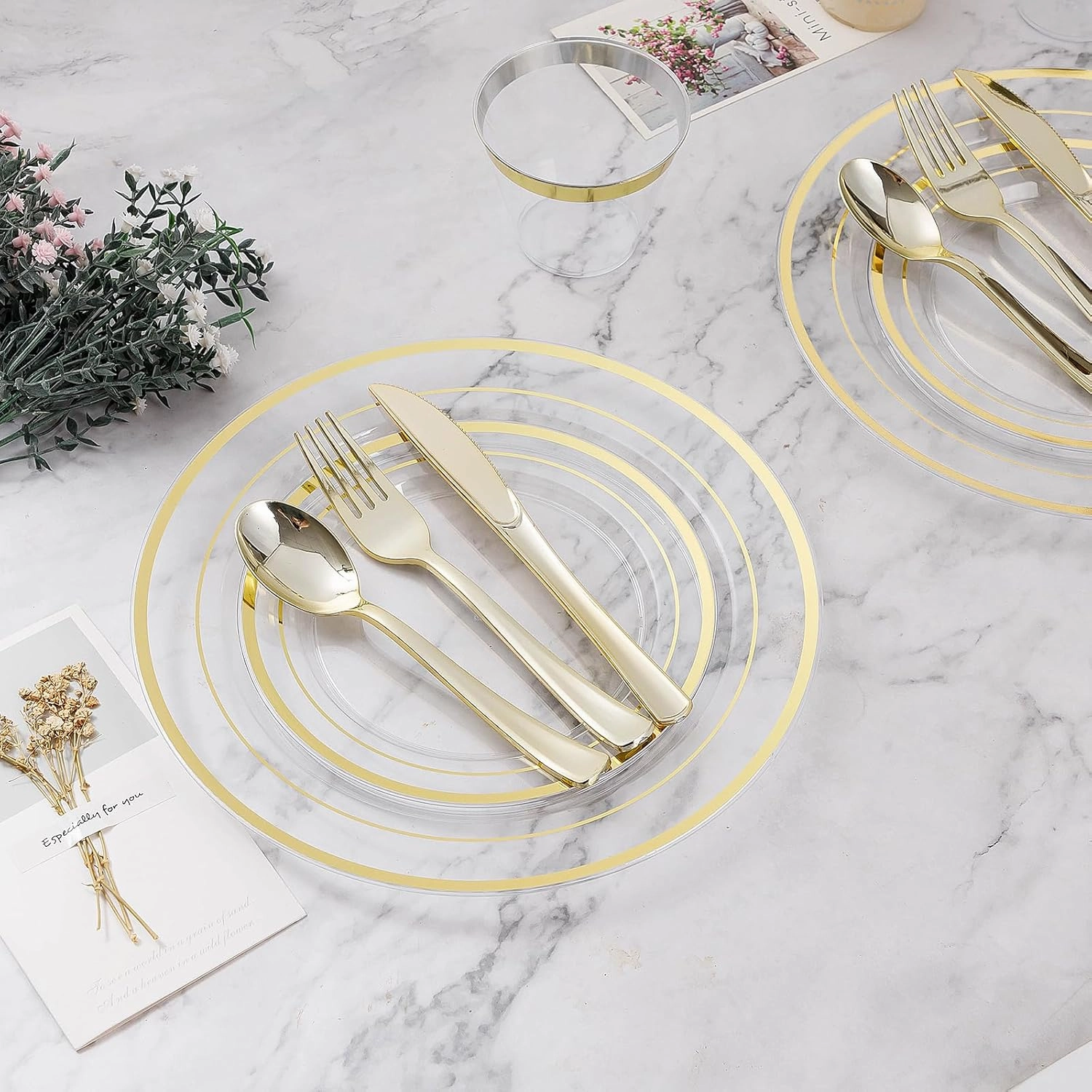 100PCS Clear Plastic Plate, 10.25 Inch Disposable Dinner Plate Party with Gold Rim, Heavy Duty Disposable Plastic Plates for Party, Wedding and Birthday