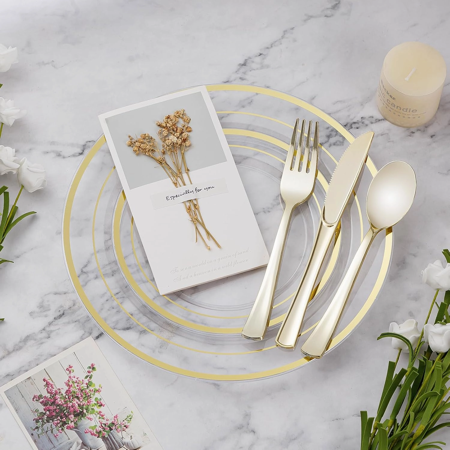 100PCS Clear Plastic Plate, 10.25 Inch Disposable Dinner Plate Party with Gold Rim, Heavy Duty Disposable Plastic Plates for Party, Wedding and Birthday