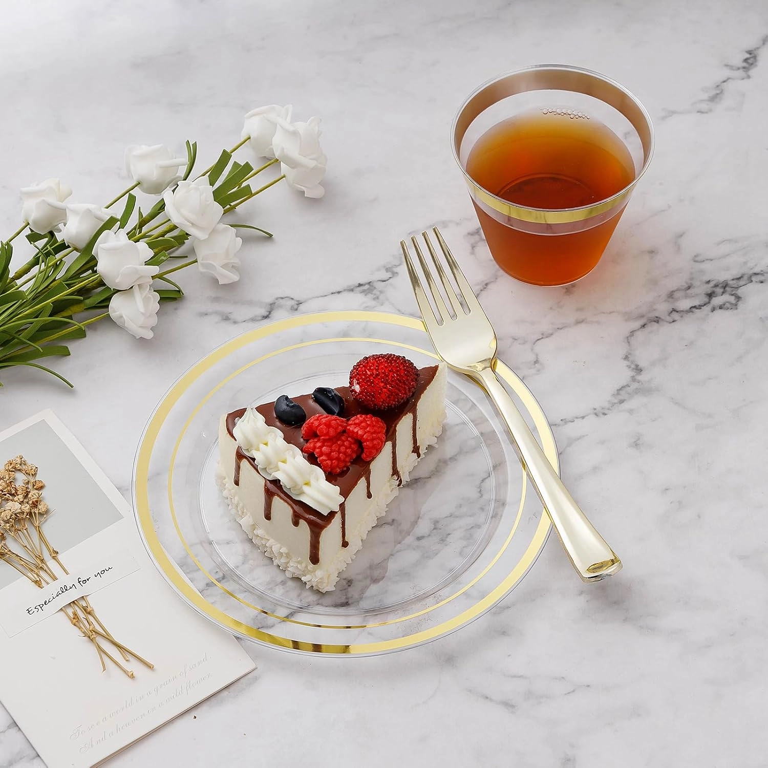 100PCS Clear Plastic Plate, 10.25 Inch Disposable Dinner Plate Party with Gold Rim, Heavy Duty Disposable Plastic Plates for Party, Wedding and Birthday