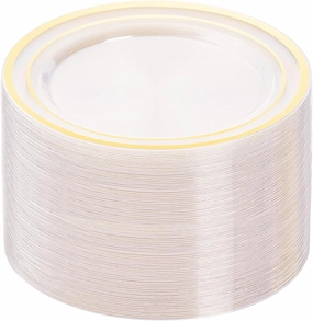 100PCS Clear Plastic Plate, 10.25 Inch Disposable Dinner Plate Party with Gold Rim, Heavy Duty Disposable Plastic Plates for Party, Wedding and Birthday