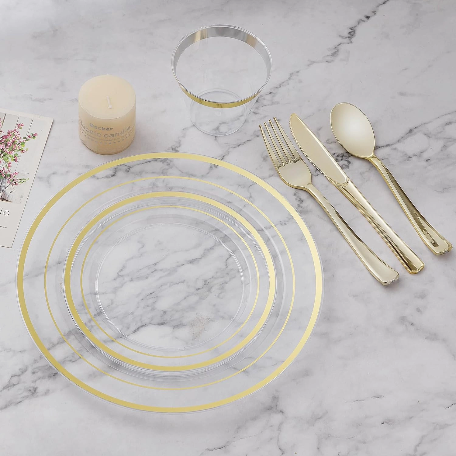 100PCS Clear Plastic Plate, 10.25 Inch Disposable Dinner Plate Party with Gold Rim, Heavy Duty Disposable Plastic Plates for Party, Wedding and Birthday