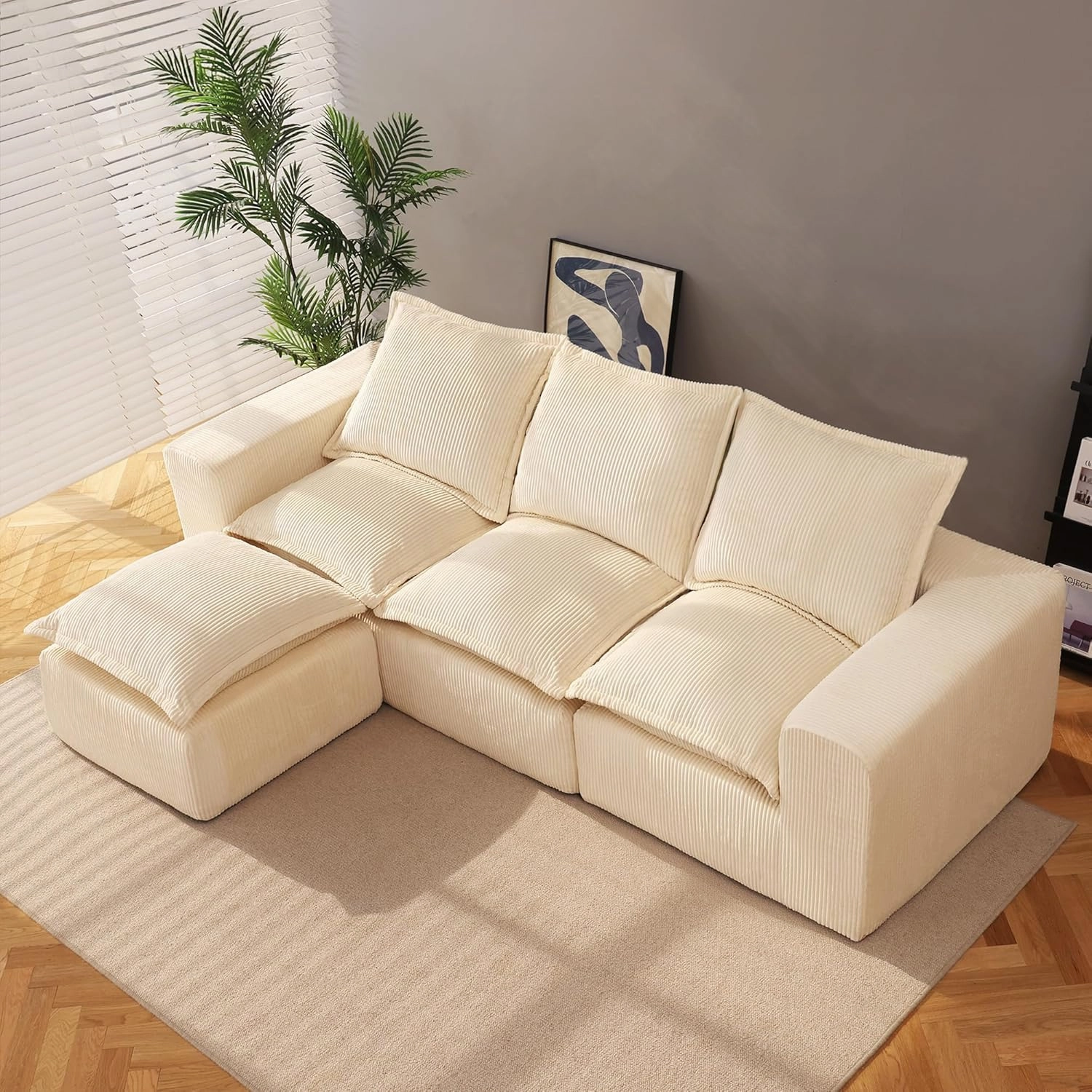 107" Comfy Cloud Couch with L-Shape Chaise & Deep Seat, Modular Sectional Sofa in a Box, Boneless Upholstered Couches for Living Room, Bedroom, No Assembly Required (Soft Corduroy, Beige)