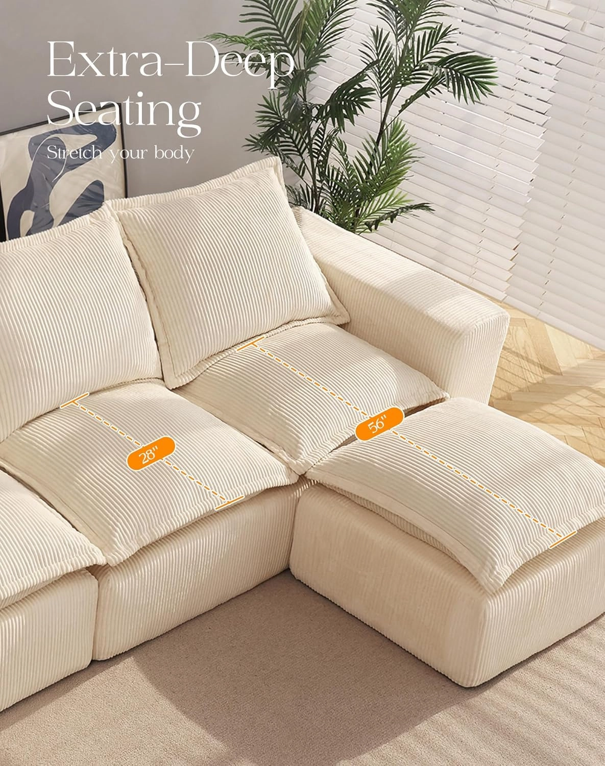 107" Comfy Cloud Couch with L-Shape Chaise & Deep Seat, Modular Sectional Sofa in a Box, Boneless Upholstered Couches for Living Room, Bedroom, No Assembly Required (Soft Corduroy, Beige)