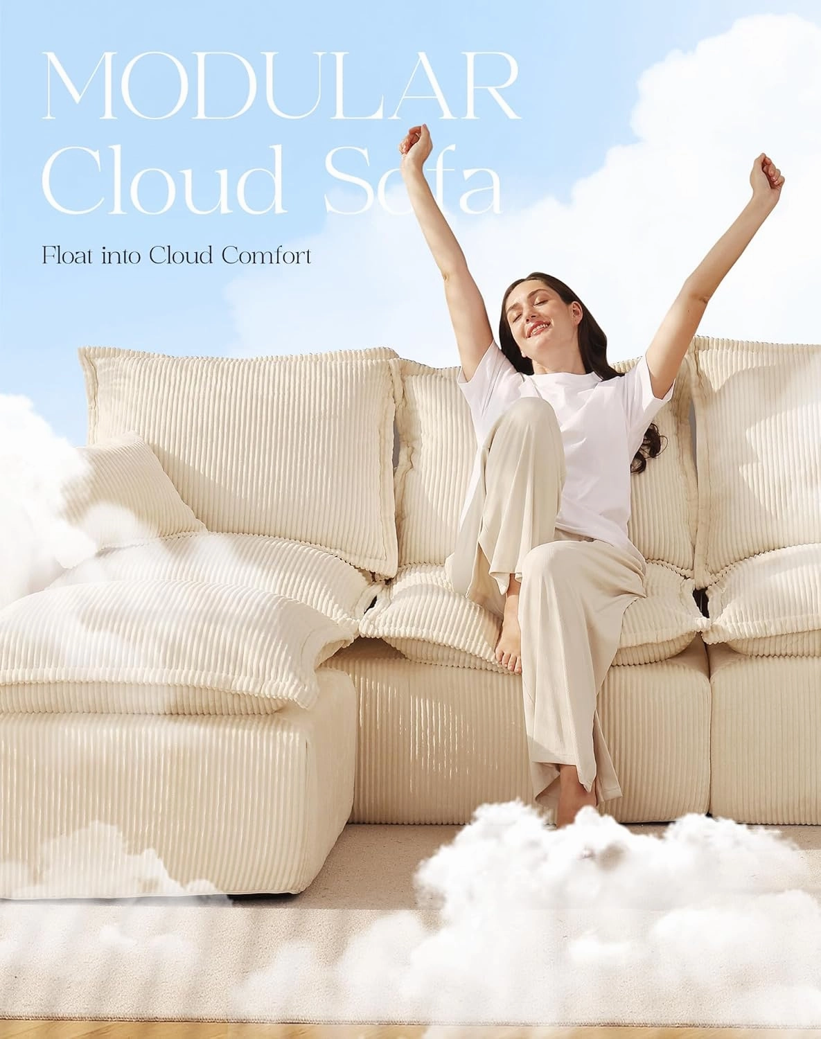 107" Comfy Cloud Couch with L-Shape Chaise & Deep Seat, Modular Sectional Sofa in a Box, Boneless Upholstered Couches for Living Room, Bedroom, No Assembly Required (Soft Corduroy, Beige)