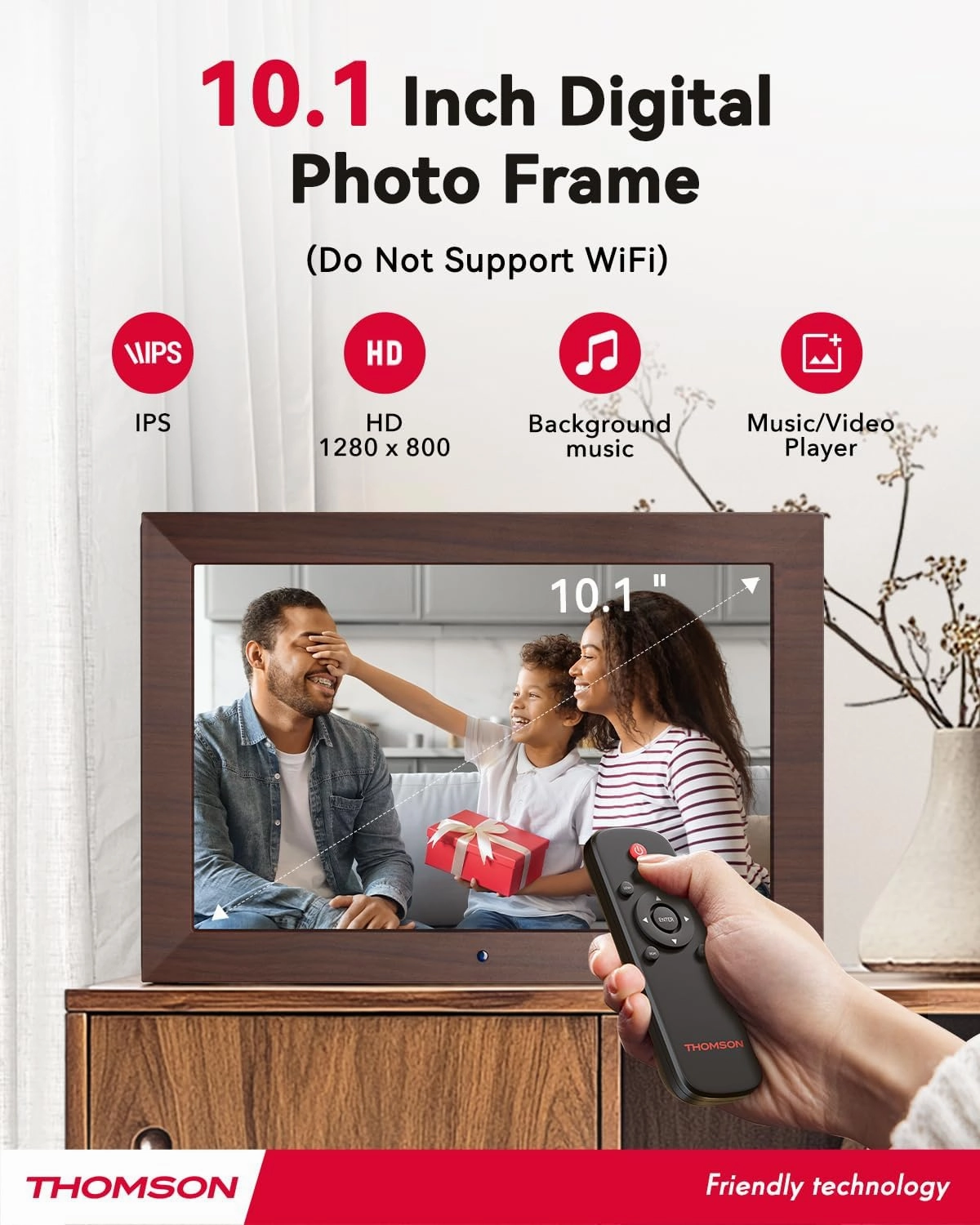 10.1" Digital Picture Frame with Remote Control, 1280 * 800 IPS Full View Ultra Clear Screen, Wooden Frame, Share Videos Photos Send Wishes Auto-Rotate Slideshow Non-WiFi