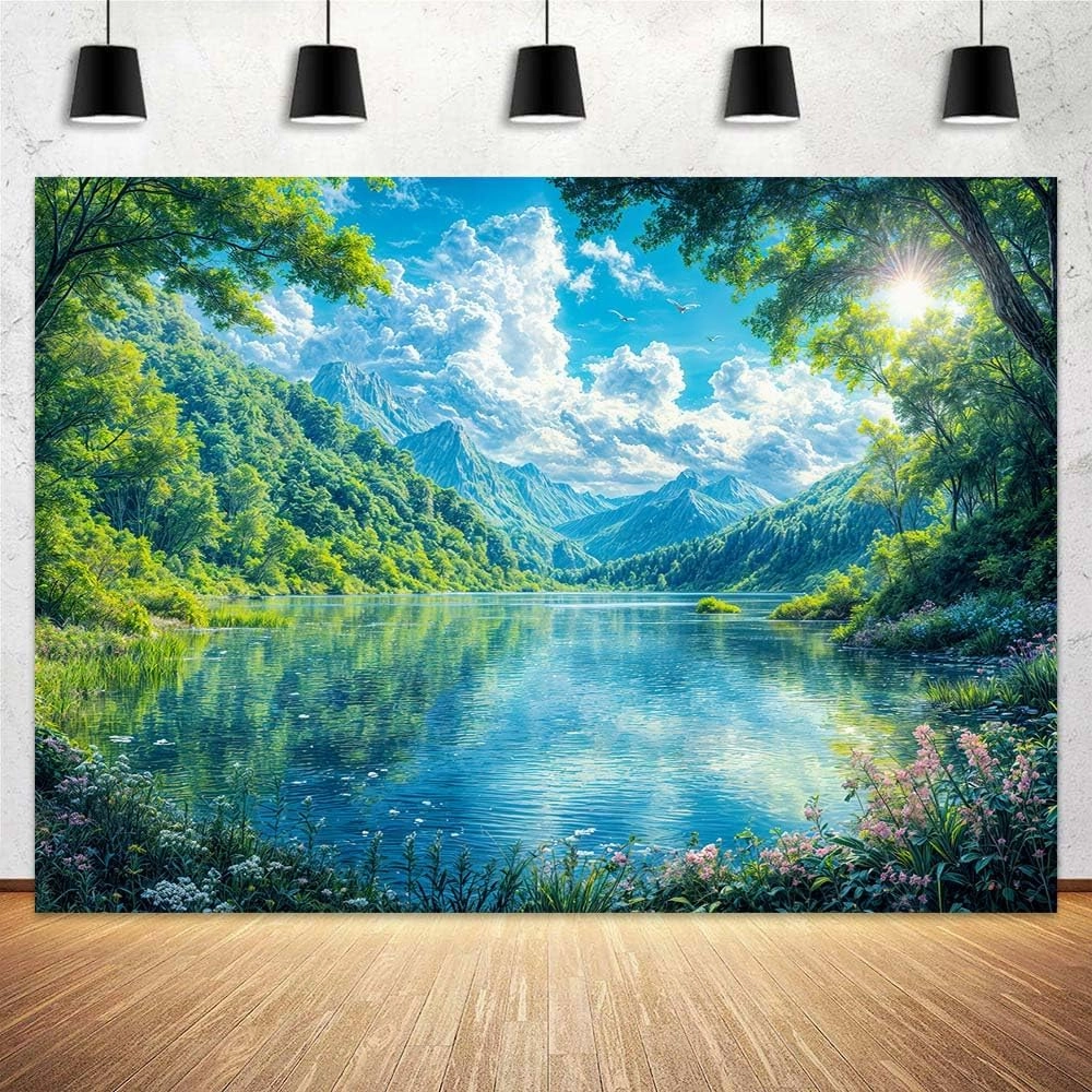 10X8ft Lake Natural Scenery Backdrop River Blue Water and Tree Forest Garden Blue Sky Spring Outdoor Picnic Camping Hiking Photoshoot Banner Background Countryside Field Backdrop