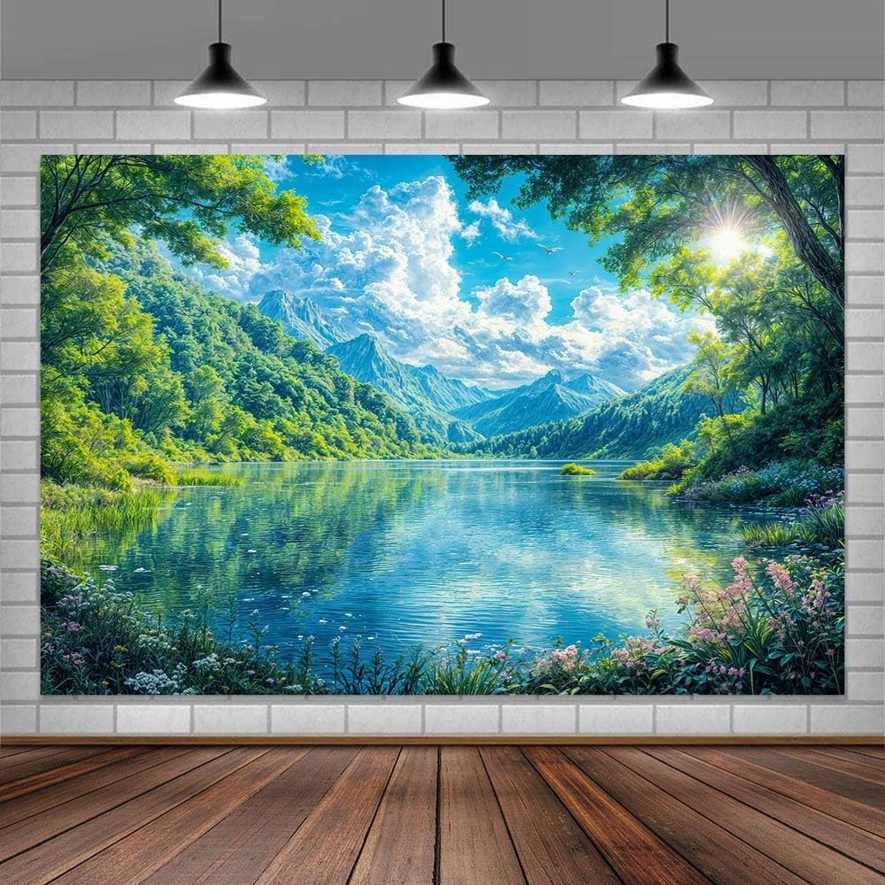 10X8ft Lake Natural Scenery Backdrop River Blue Water and Tree Forest Garden Blue Sky Spring Outdoor Picnic Camping Hiking Photoshoot Banner Background Countryside Field Backdrop