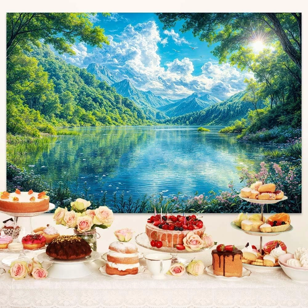 10X8ft Lake Natural Scenery Backdrop River Blue Water and Tree Forest Garden Blue Sky Spring Outdoor Picnic Camping Hiking Photoshoot Banner Background Countryside Field Backdrop