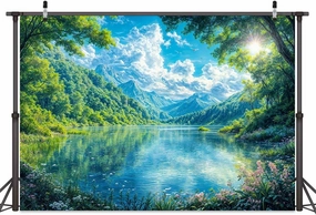 10X8ft Lake Natural Scenery Backdrop River Blue Water and Tree Forest Garden Blue Sky Spring Outdoor Picnic Camping Hiking Photoshoot Banner Background Countryside Field Backdrop