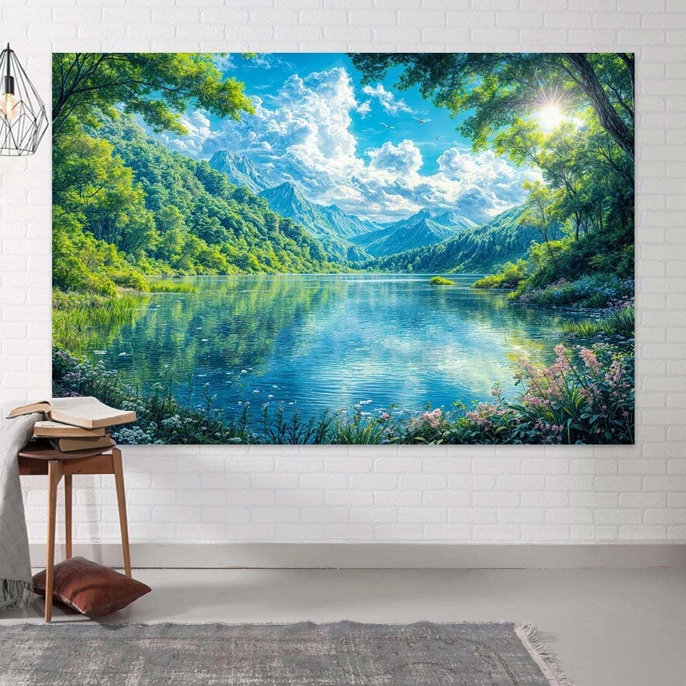 10X8ft Lake Natural Scenery Backdrop River Blue Water and Tree Forest Garden Blue Sky Spring Outdoor Picnic Camping Hiking Photoshoot Banner Background Countryside Field Backdrop