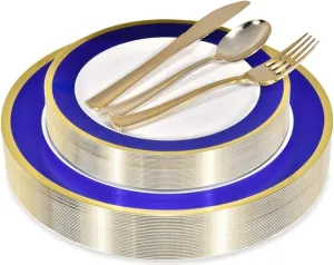 125-Piece White, Blue, and Gold Fancy Plastic Plates Disposable with Silverware, Elegant Dinnerware for Weddings, Holiday Party China, Set of 25 Dinner   Salad Plates, 25 Spoons, 25 Forks, 25 Knives