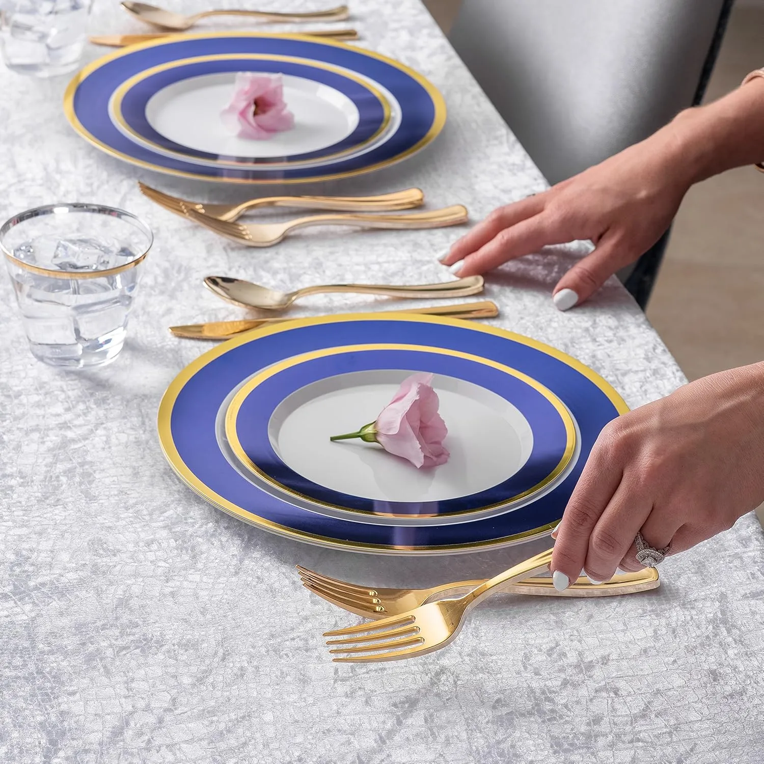 125-Piece White, Blue, and Gold Fancy Plastic Plates Disposable with Silverware, Elegant Dinnerware for Weddings, Holiday Party China, Set of 25 Dinner   Salad Plates, 25 Spoons, 25 Forks, 25 Knives