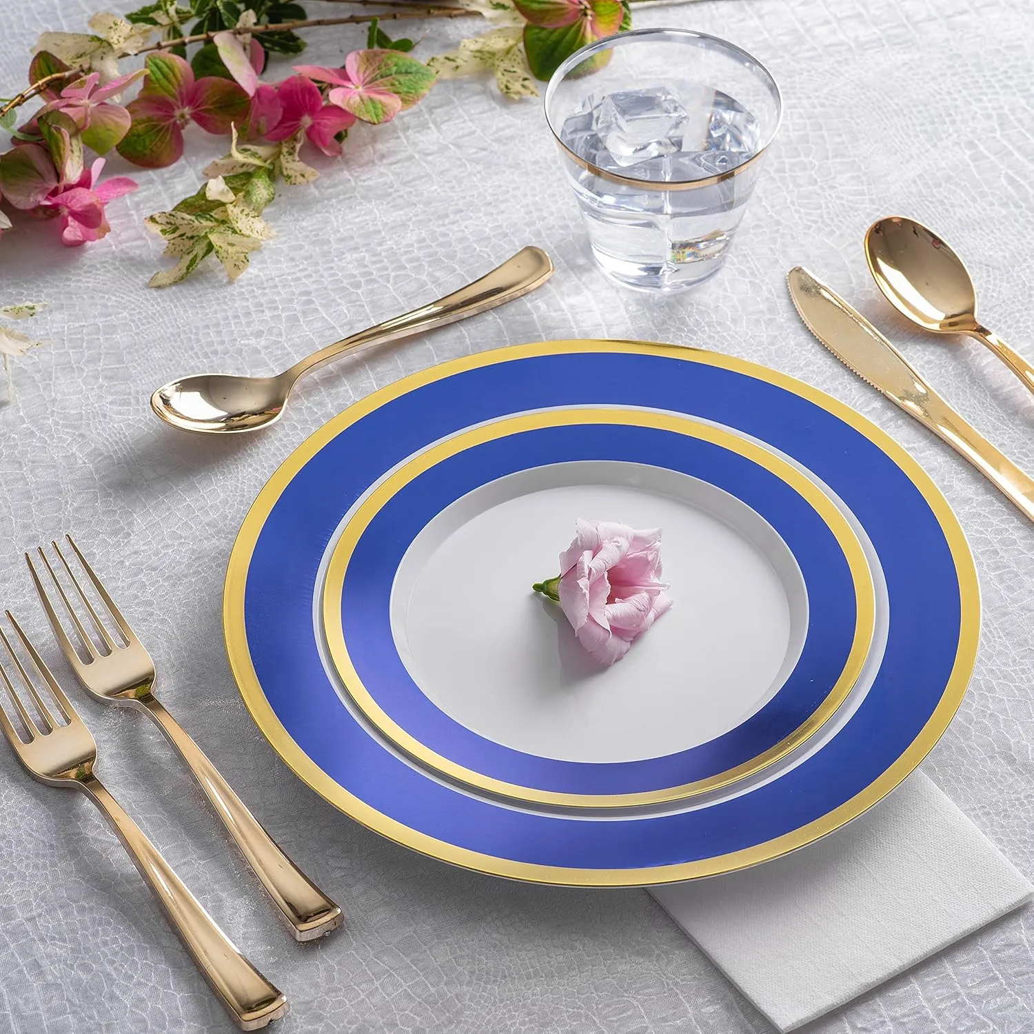 125-Piece White, Blue, and Gold Fancy Plastic Plates Disposable with Silverware, Elegant Dinnerware for Weddings, Holiday Party China, Set of 25 Dinner   Salad Plates, 25 Spoons, 25 Forks, 25 Knives