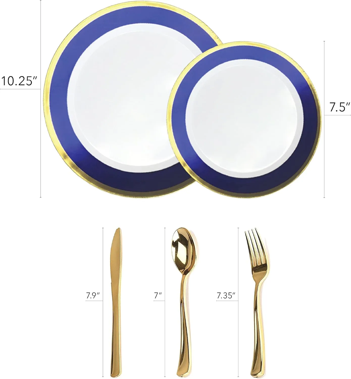 125-Piece White, Blue, and Gold Fancy Plastic Plates Disposable with Silverware, Elegant Dinnerware for Weddings, Holiday Party China, Set of 25 Dinner   Salad Plates, 25 Spoons, 25 Forks, 25 Knives