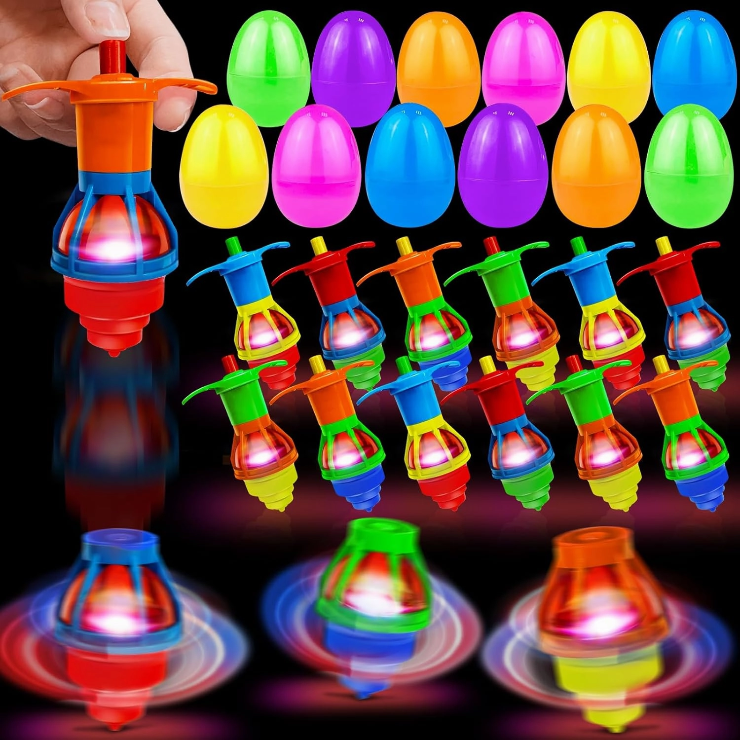 12 Pcs 3.5" Large Prefilled Easter Eggs with Light Up Spinning Top Fidget Toys for Kid Easter Basket Stuffers Plastic Eggs Filler, Glow in The Dark Easter Toys Boys Easter Eggs Hunt Party Favors Gift