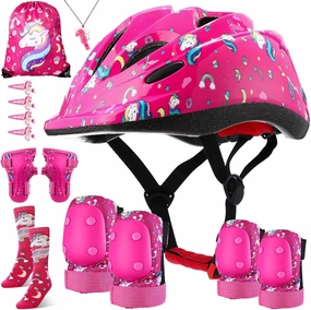 14 Pcs Knee Pads Knee Elbow Pads Wrist Guards with Drawstring Bag Adjustable Pink Protective Gear Set with Socks Whistle and Hairpin for Girls Inline Skating Bike Cycling