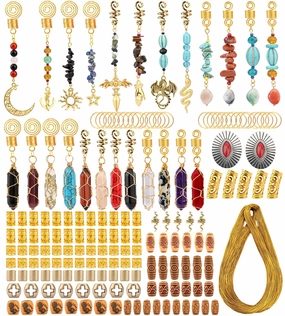 170 Pcs Loc Jewelry Handmade Gem Crystal Dreadlock Pendants for Women Imitation Wood Tube Beads Braiding Hair Cuff Braids Accessories with Metallic Cord (Gold)