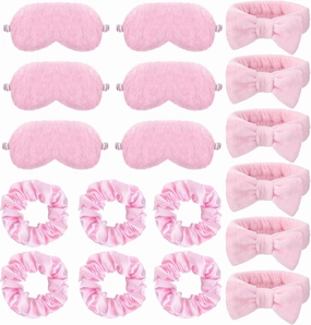 18 Pieces Pink Spa Party Supplies for Girls, Included 6 Pcs Spa Bow Headband 6 Pcs Sleep Eye Mask and 6 Pieces Hair Scrunchies, Sleepover Party Favors for Spa Birthday Bachelorette Slumber
