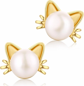 18K White Gold Plated Cat Pearl Stud Earrings for Women 925 Sterling Silver Cat Earrings Freshwater Pearl Cat Stud Earrings Pearl Jewelry 7.5MM-8MM