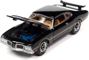 1972 442 W-30 Ebony Black with Gold Metallic Stripes Limited Edition to 2620 Pieces Worldwide OK Used Cars 2023 Series 1/64 Diecast Model Car by Johnny Lightning JLMC032-JLSP339B