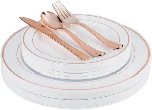 200 Piece Heavyweight Party Disposable Plastic Plates and Cutlery Set Includes 40 Dinner Plates 40 Dessert Plates and 40 Pieces of Glossy Silver Plastic Forks Knives and Spoons (Rose Gold)