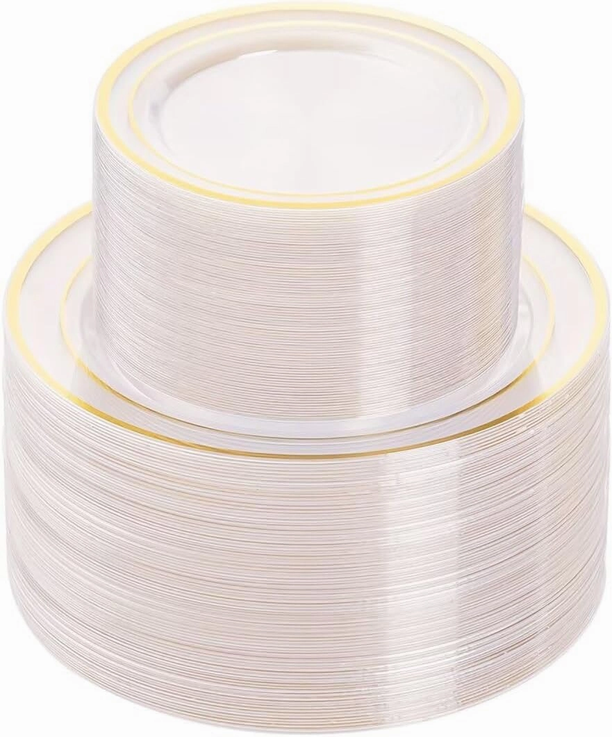 200PCS Clear Gold Plastic Plate, Disposable Party Plates with 100 Dinner Plates and 100 Dessert Plates, Plastic Plates for Party, Wedding and Birthday