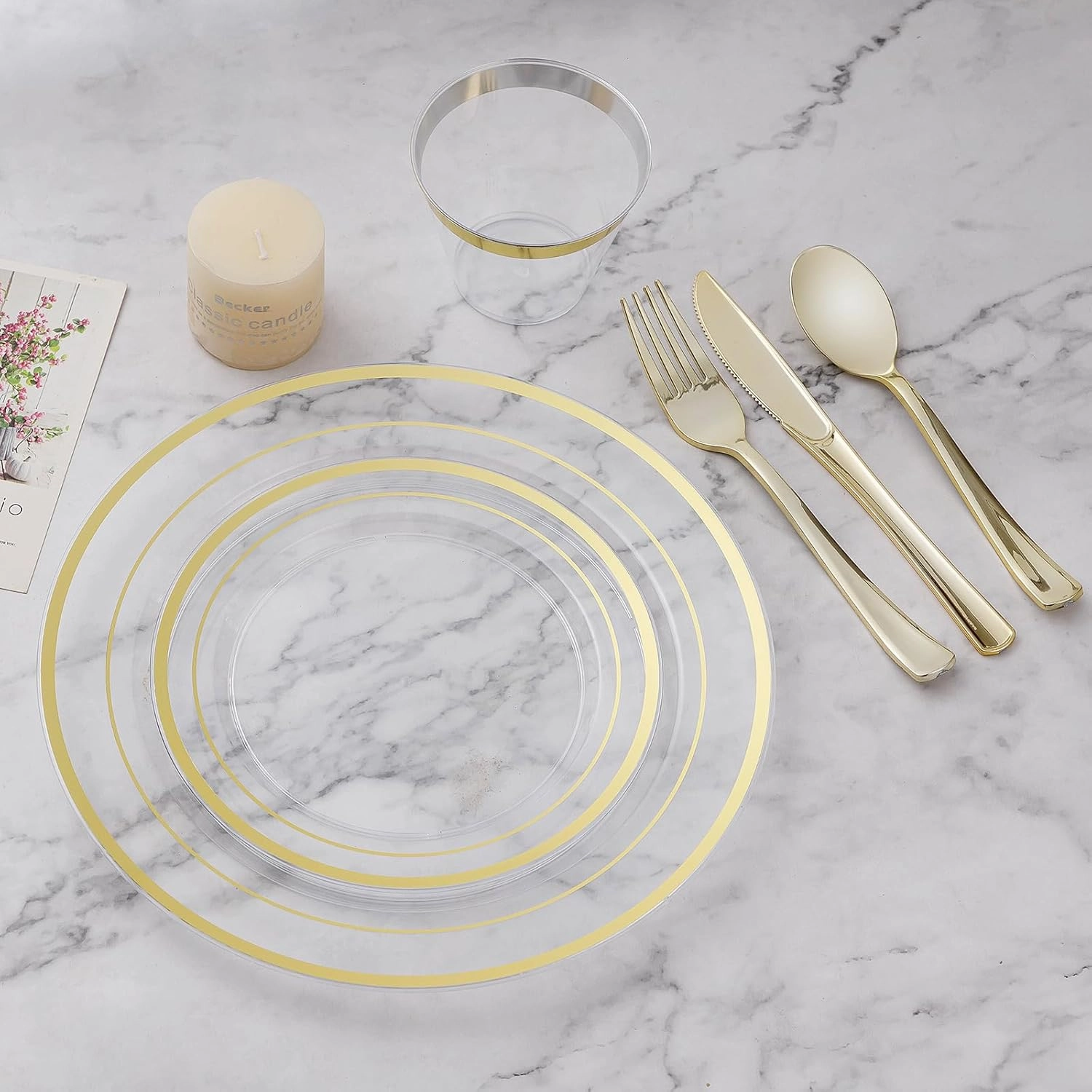 200PCS Clear Gold Plastic Plate, Disposable Party Plates with 100 Dinner Plates and 100 Dessert Plates, Plastic Plates for Party, Wedding and Birthday