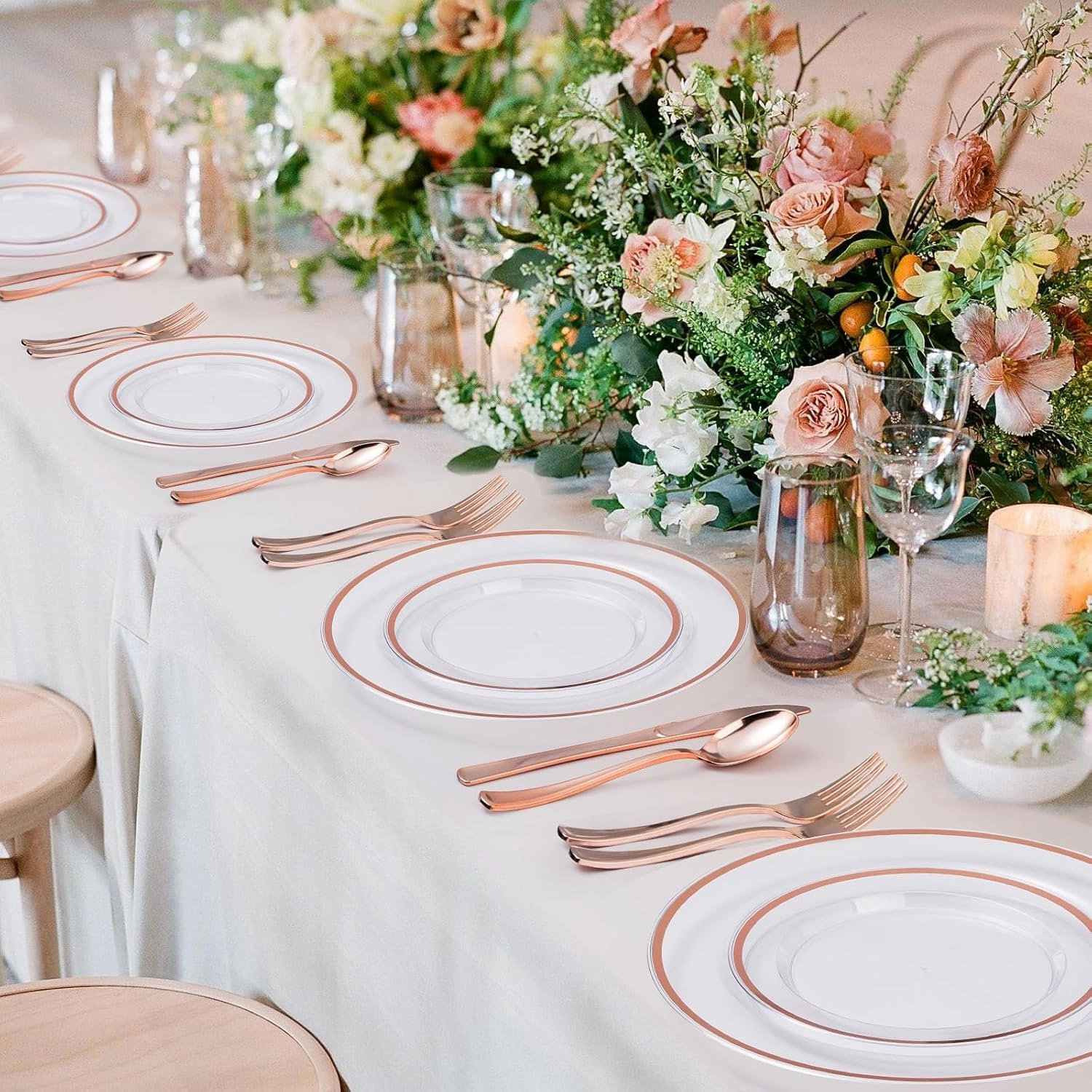 200PCS Rose Gold and Clear Plastic Plates, Rose Gold Disposable Plate Set with 100 Dinner Plates and 100 Dessert Plates for Party