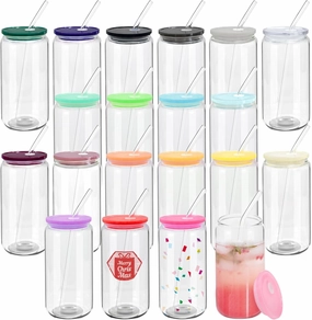 20 Pack Glass Cups with Acrylic Lids and Glass Straws 16oz Iced Coffee Cups Clear Glass Tumbler Can Shaped Drinking Glasses, Cute Glass Smoothie Cups for Tea Beer Soda Whiskey Gift