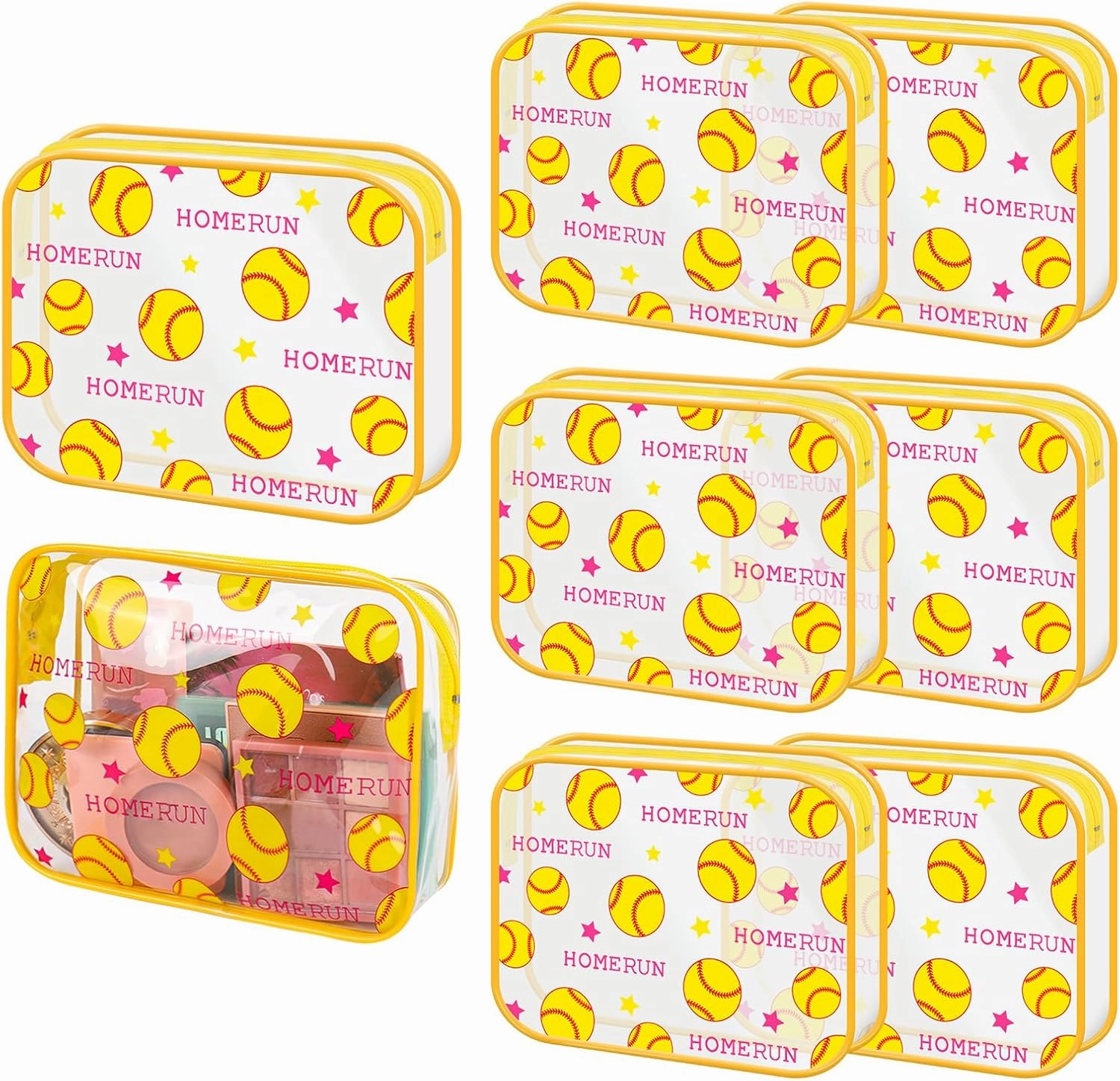 20Pcs Softball Clear Makeup Bags Yellow Softball Softball Team Gifts PVC Cosmetic Bags Waterproof Toiletry Travel Zipper Pouch Sports Lover Storage Case for Women Men Softball Coach