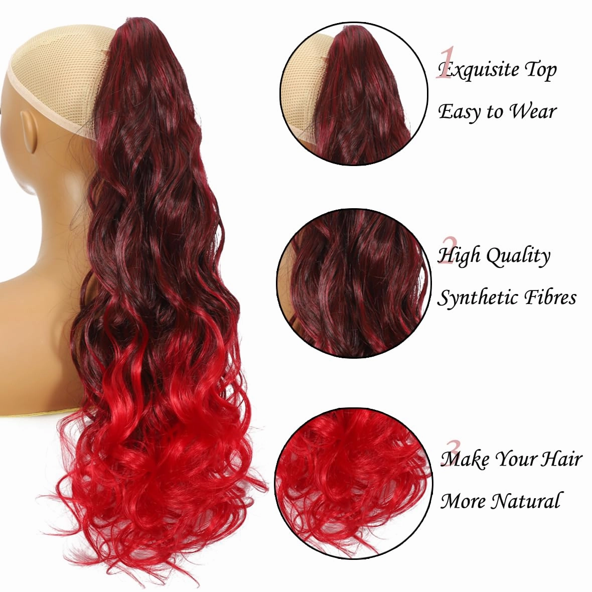 22Inch Claw Wavy Ponytail Extension Black to Red Long Curly Pony Tail Clip in Hair Extensions for Women Fluffy Synthetic Hairpiece for Daily Use(22Inch,T1BRed)