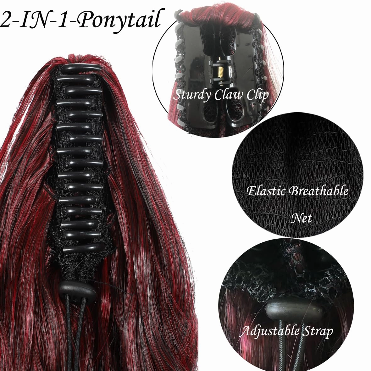 22Inch Claw Wavy Ponytail Extension Black to Red Long Curly Pony Tail Clip in Hair Extensions for Women Fluffy Synthetic Hairpiece for Daily Use(22Inch,T1BRed)