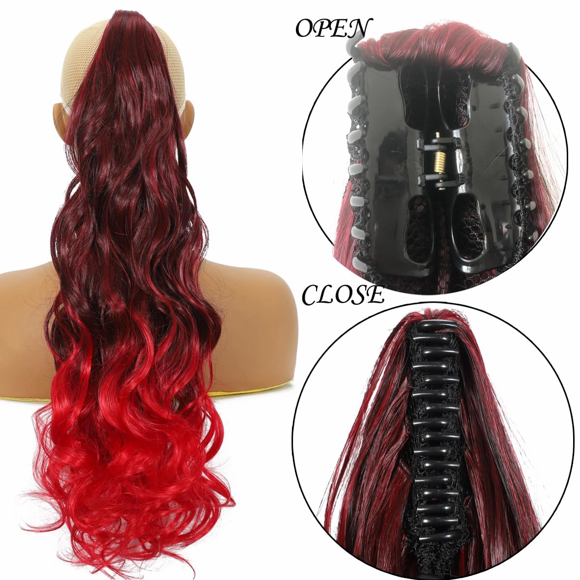 22Inch Claw Wavy Ponytail Extension Black to Red Long Curly Pony Tail Clip in Hair Extensions for Women Fluffy Synthetic Hairpiece for Daily Use(22Inch,T1BRed)