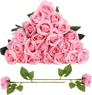 24 Pcs Pink Color Rose Artificial Flowers with Long Stem, Silk Fake Pink Roses Bulk for Wedding Bouquet Festival Decorations