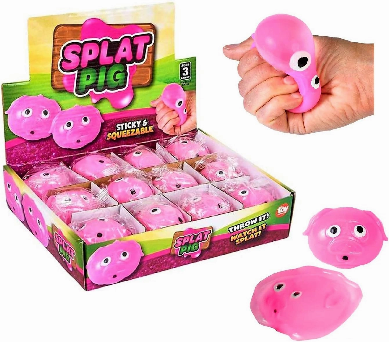 2.5" Splat Pink Pig Sticky Balls (Package of 12) Squeezable and Throwable . Nice Retail Box. Individually Packed.