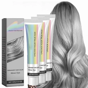 2-in-1 Natural Essence Extract Silver Hair Dye, Silver Hair Dye, Permanent Hair Color, Silver Gray Metallic Hair Dye Color Permanent, Adds Gloss, 3.53 Oz (3 Pcs)
