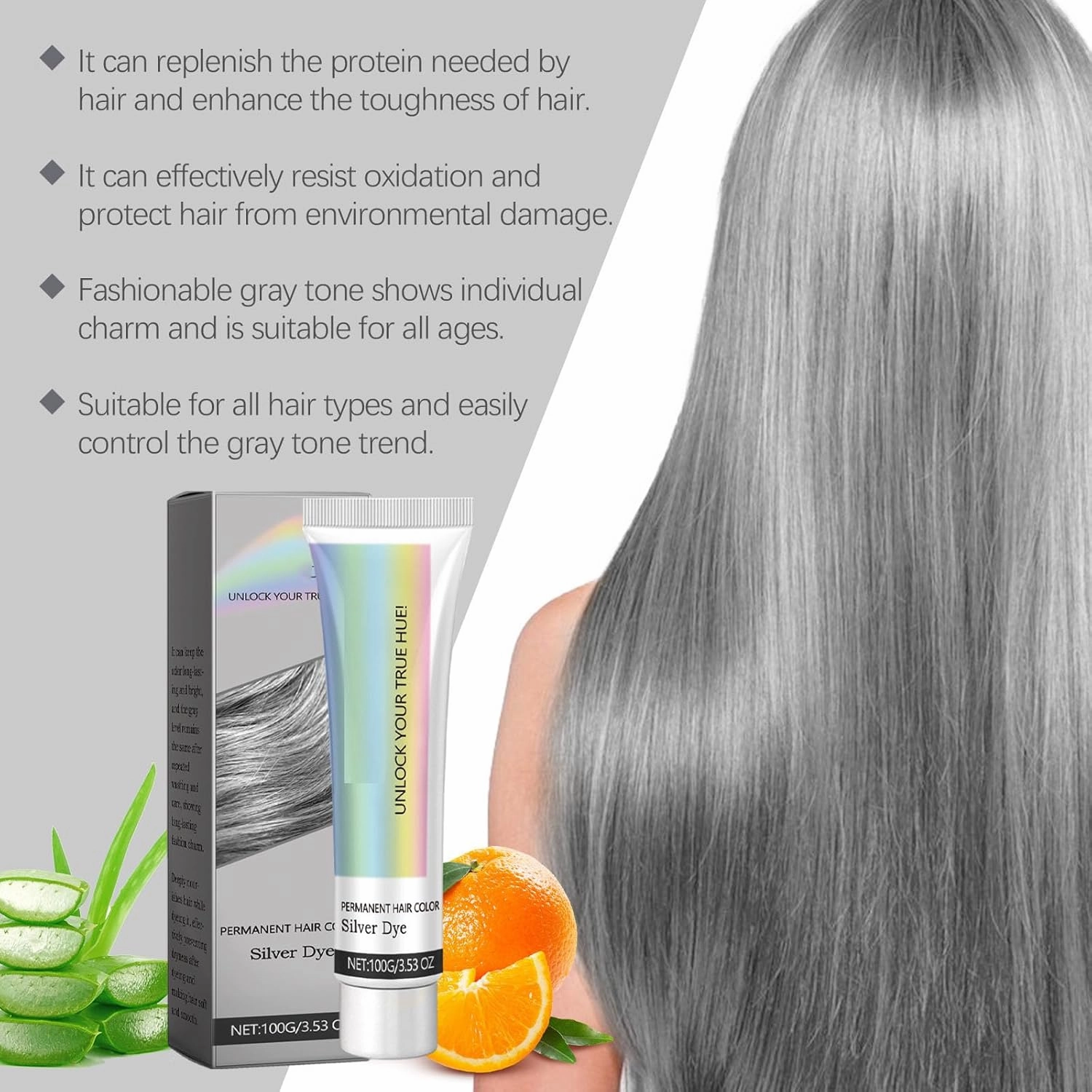 2-in-1 Natural Essence Extract Silver Hair Dye, Silver Hair Dye, Permanent Hair Color, Silver Gray Metallic Hair Dye Color Permanent, Adds Gloss, 3.53 Oz (3 Pcs)