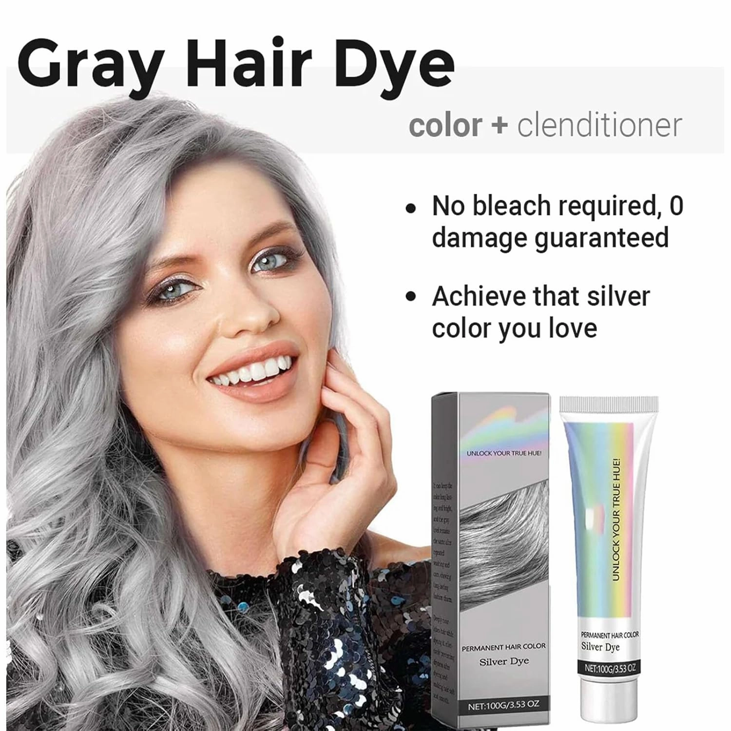 2-in-1 Natural Essence Extract Silver Hair Dye, Silver Hair Dye, Permanent Hair Color, Silver Gray Metallic Hair Dye Color Permanent, Adds Gloss, 3.53 Oz (3 Pcs)