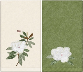 2 Pack Magnolia Hand Towels Nude Sage Green Flower Embroidered Cotton Dish Towel for Bathroom Hand Drying Kitchen Cleaning, 29.5 x 13.7 Inch