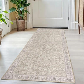 2x5 Washable Rug Beige White Small Area Rug for Entryway, Soft Non-Slip Indoor Door Mat Distressed Floral Low-Pile Kitchen Rugs, Neutral Vintage Carpet for Entrance Kitchen Bedside Farmhouse